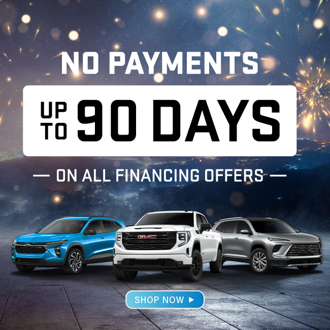 Car promotion with a "No Payments for 90 Days" offer on financing, featuring three SUVs and fireworks.