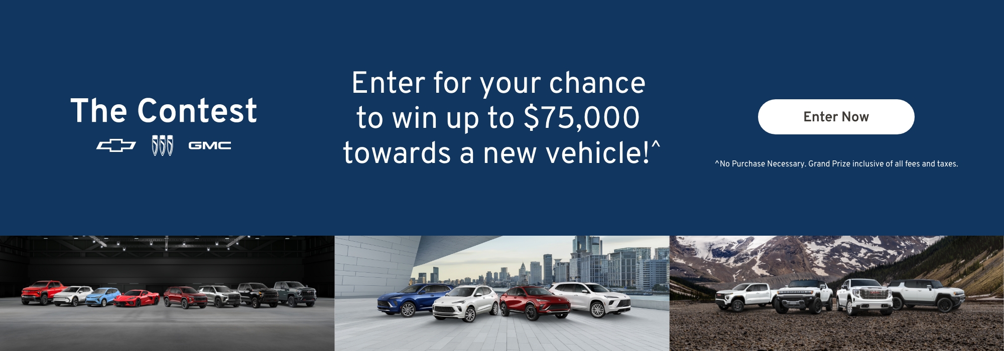 Contest ad offering $75,000 towards a new vehicle, featuring Chevy and GMC cars in various settings.