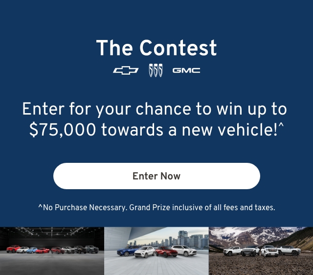 Contest ad offering $75,000 towards a new vehicle, featuring Chevy and GMC cars in various settings.