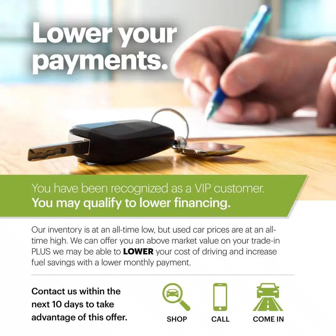Close-up of a hand holding a car key over a table with papers. Text above reads, Lower your payments. A green box below details a VIP customer recognition and financing offer with icons for shopping, calling, and visiting in-store.