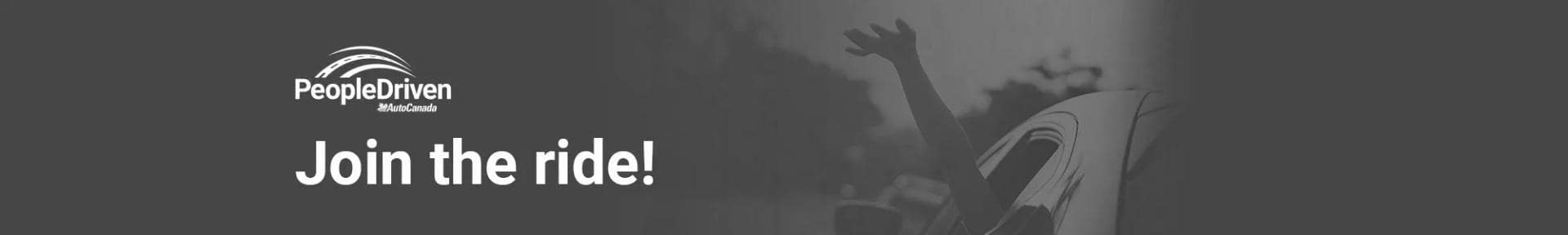 A black and white banner with the logo People Driven Education. A hand waves from a car window on the right. The text Join the ride! is prominently displayed on the left.
