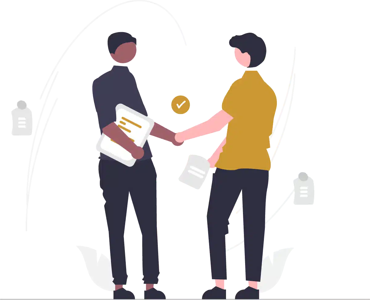 Illustration of two people shaking hands. One holds documents, and there are abstract icons of paper and check marks around them, suggesting agreement or collaboration.
