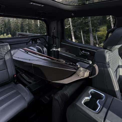 Interior of a vehicle with the rear seats carrying a long, hard-shell case extending from the backseat into the cabin. The background shows a view of a forest through the windows.