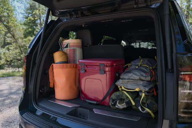 The open trunk of an SUV is packed with camping gear, including a rolled-up sleeping bag, an orange cooler, a red cooler, and a gray backpack with yellow accents. Trees and sunlight are visible in the background.