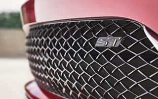 Close-up of a cars front grille featuring a mesh design, with an ST badge prominently displayed. The grille is part of a red vehicle. The background is blurred, highlighting the grille detail.
