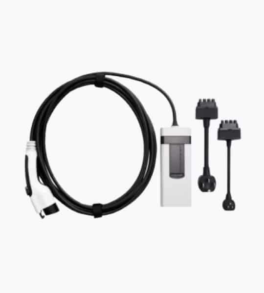 Wall-mounted electric vehicle charger with a charging cable attached, designed for efficient home EV charging.
