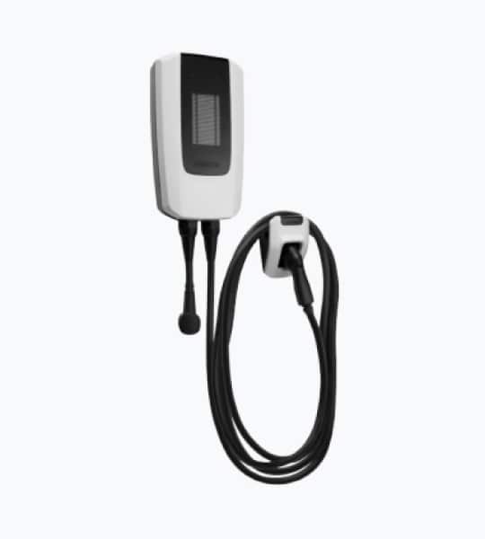 Wall-mounted electric vehicle charger with a charging cable attached, designed for efficient home EV charging.