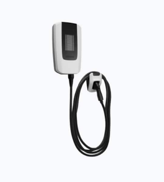 Wall-mounted electric vehicle charger with a charging cable attached, designed for efficient home EV charging.