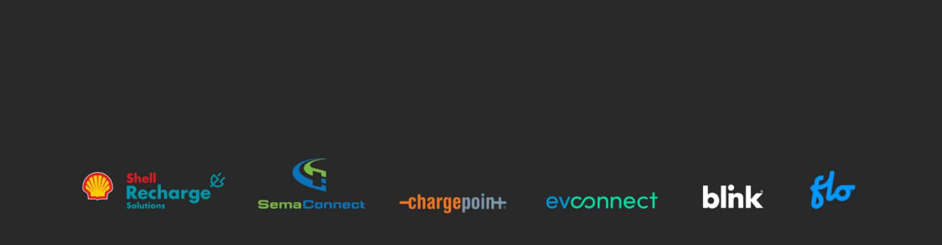 Logos of electric vehicle charging solutions including Shell Recharge Solutions, SemaConnect, ChargePoint, evconnect, Blink, and Flo, set against a dark background.