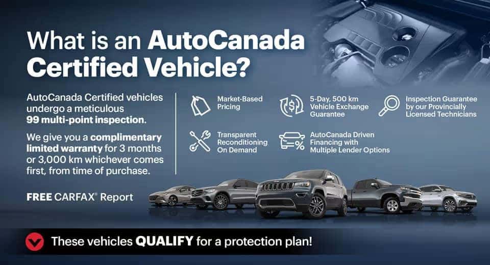AutoCanada Certified Vehicle benefits: 99-point inspection, warranty, free CARFAX, exchange and protection plans.