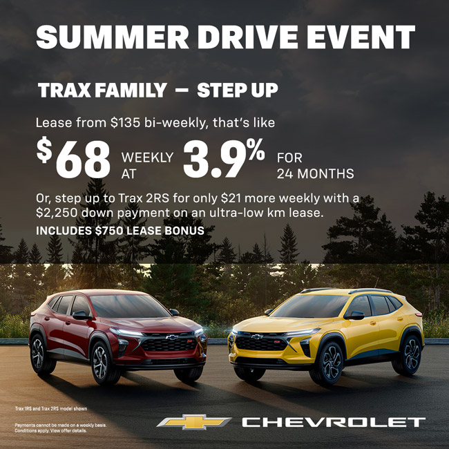 Chevrolet Summer Drive event showcasing two Trax SUVs with lease offers from $68 weekly at 3.9% for 24 months.