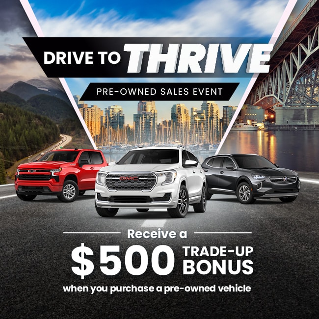 Pre-owned sales event banner with trade-up bonus offer and view inventory button. Features scenic backgrounds and cars.