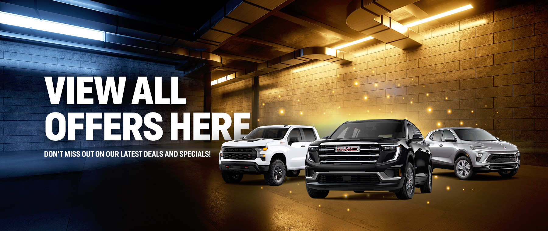Promotional banner with "View All Offers Here" text, featuring three showcased cars in a lit urban setting.