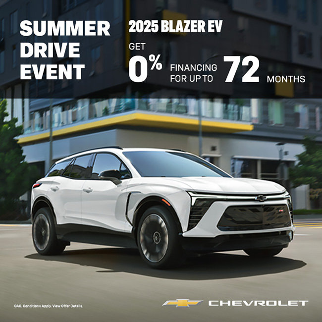 2025 Chevrolet Blazer EV at a summer drive event offering 0% financing for up to 72 months.