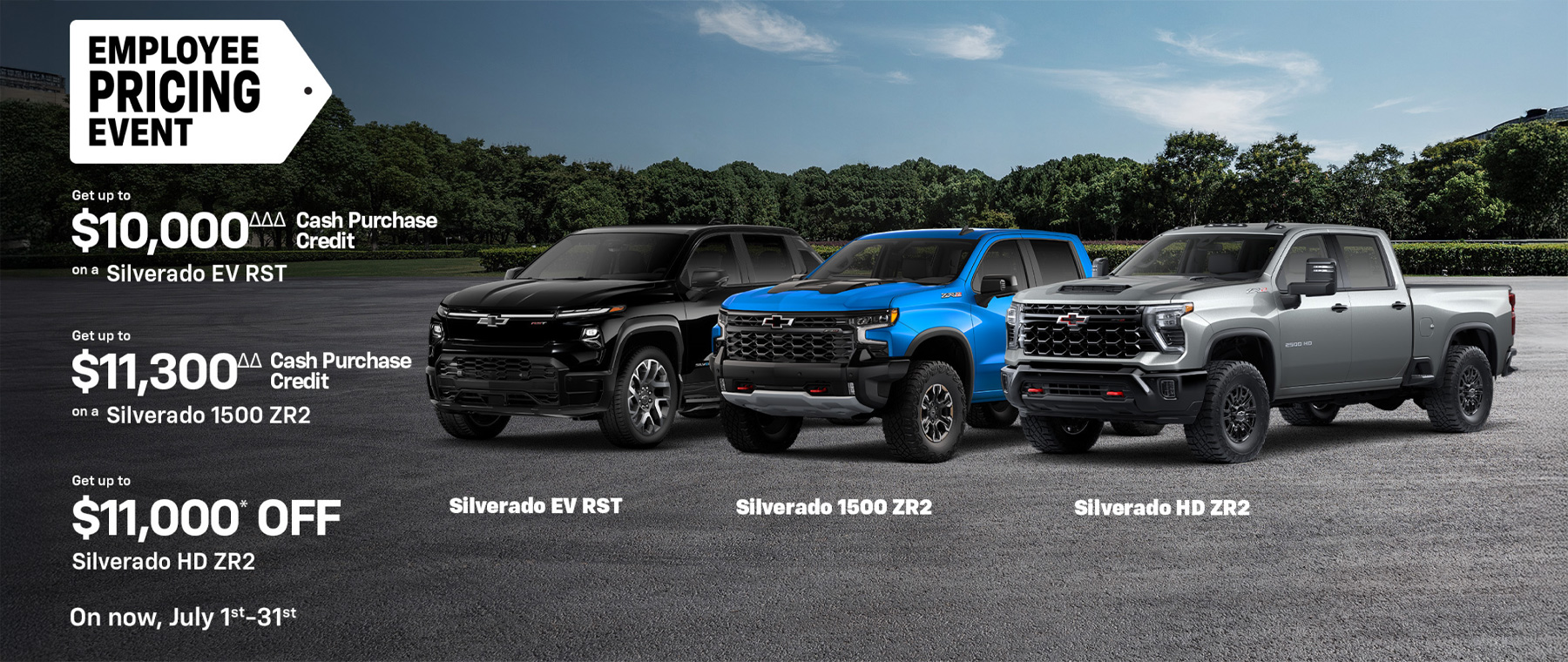 Three Chevrolet trucks on display during an Employee Pricing Event, offering cash purchase credits and discounts.