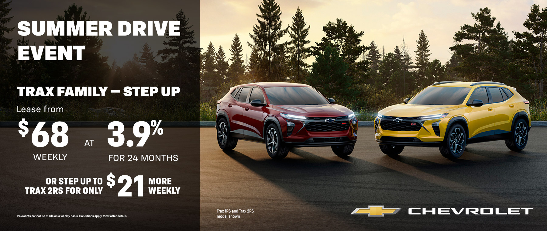 Chevrolet Summer Drive event showcasing two Trax SUVs with lease offers from $68 weekly at 3.9% for 24 months.