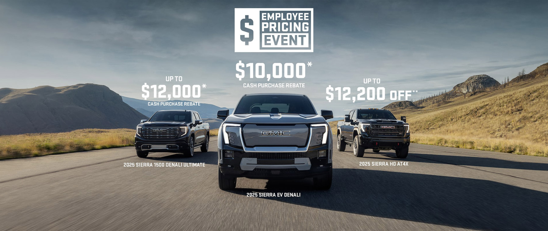 Three GMC trucks on a scenic road highlighting an employee pricing event with rebates up to $12,200.