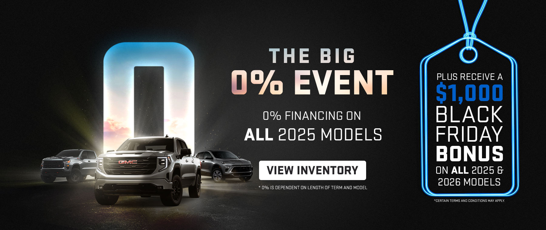 Promotional banner with "View All Offers Here" text, featuring three showcased cars in a lit urban setting.