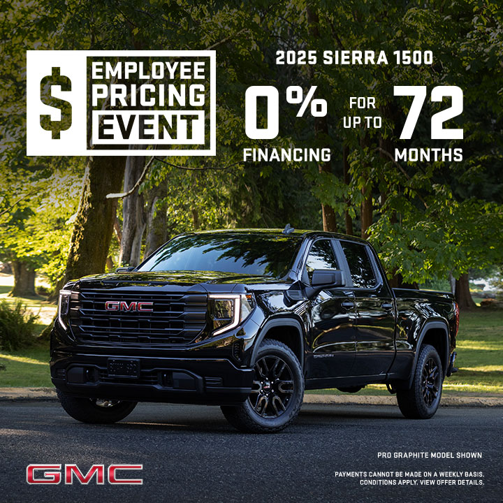 GMC 2025 Sierra 1500 parked in a forest setting. Employee pricing event offers up to $12,000 off select models.