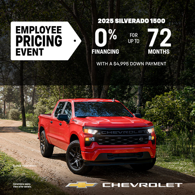 Red 2025 Chevrolet Silverado 1500 truck in forest. Employee pricing event with up to $11,300 off MSRP.
