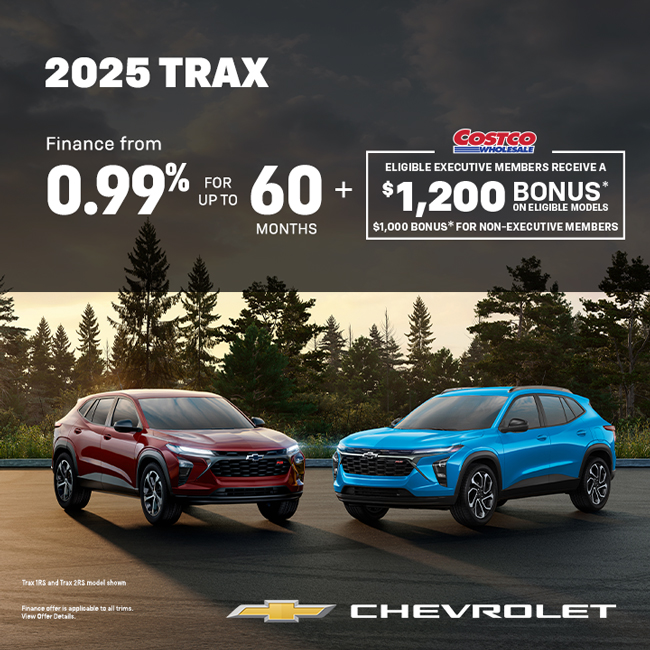 Chevrolet Summer Drive event showcasing two Trax SUVs with lease offers from $68 weekly at 3.9% for 24 months.