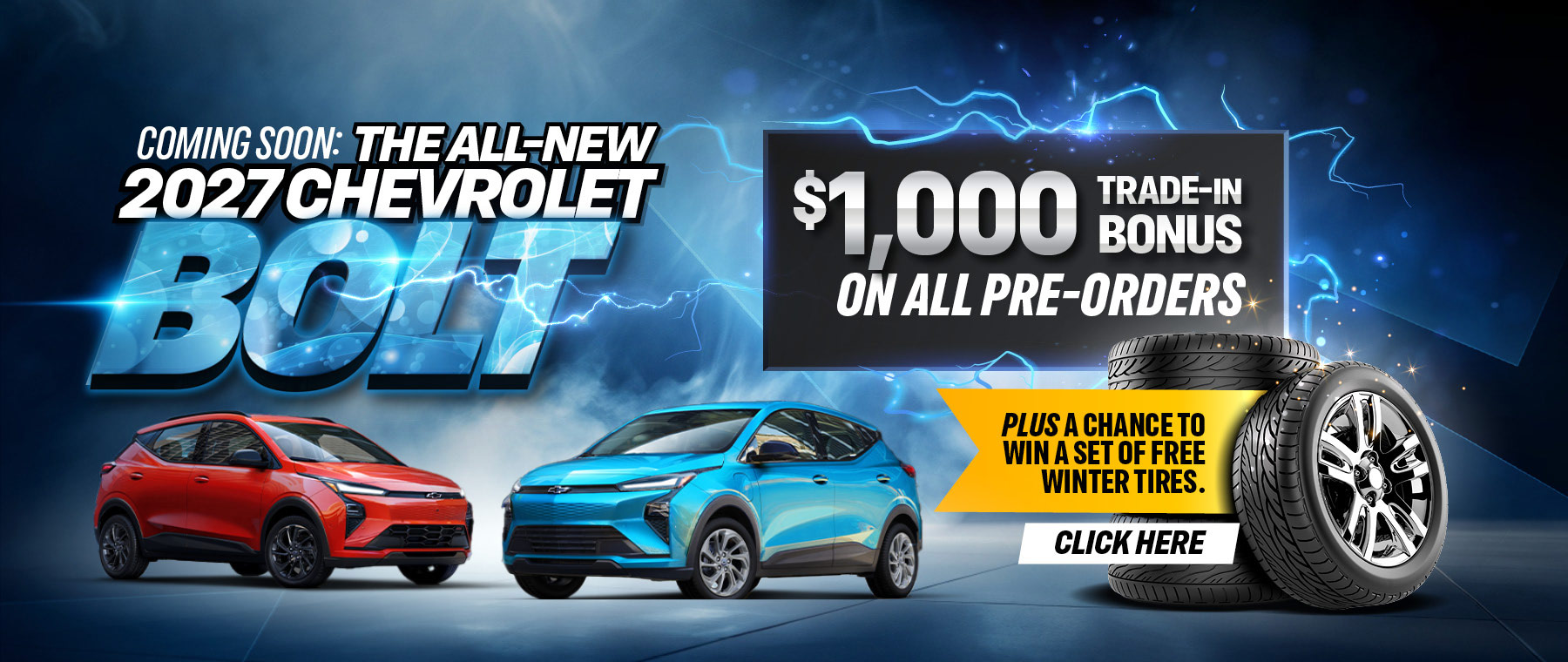 Promotion for the 2027 Chevrolet Bolt with a $1,000 trade-in bonus and chance to win free winter tires.