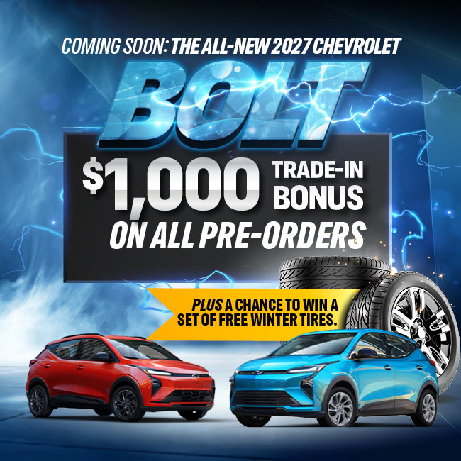 2027 Chevrolet Bolt promotion offering $1,000 trade-in bonus and chance to win free winter tires.