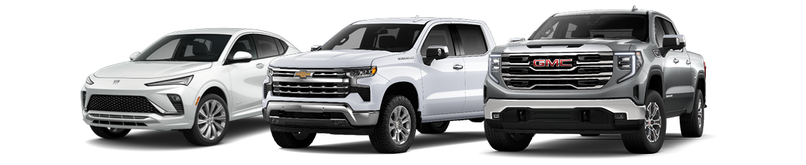 Three SUVs and a pickup truck are lined up. From left to right, a white SUV with a circular logo, a white SUV and a black pickup truck, both with GMC logos. All vehicles are shown from the front at a slight angle.