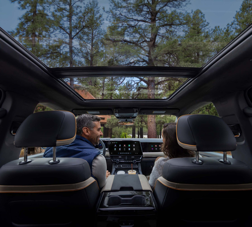 Couple enjoying a scenic forest view through a car's panoramic sunroof, seated inside.